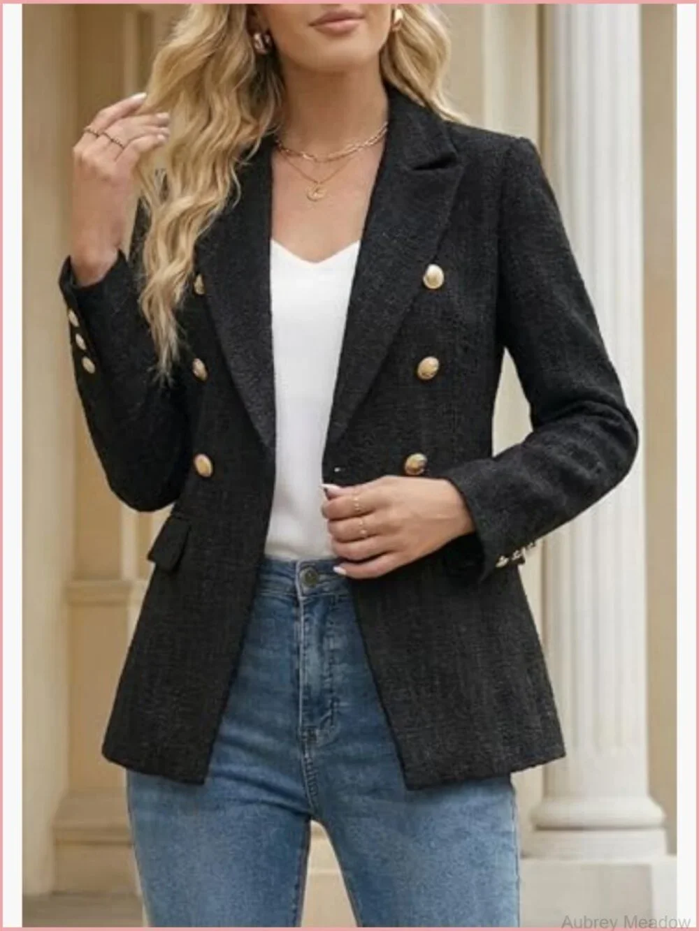 Double Breasted Tweed Blazer with Pockets Long Sleeve Office Jacket